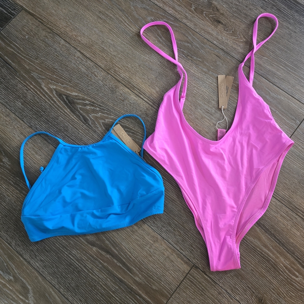 SKIMS Hot Pink One-Piece & Bright Blue Bikini Top Swim Set